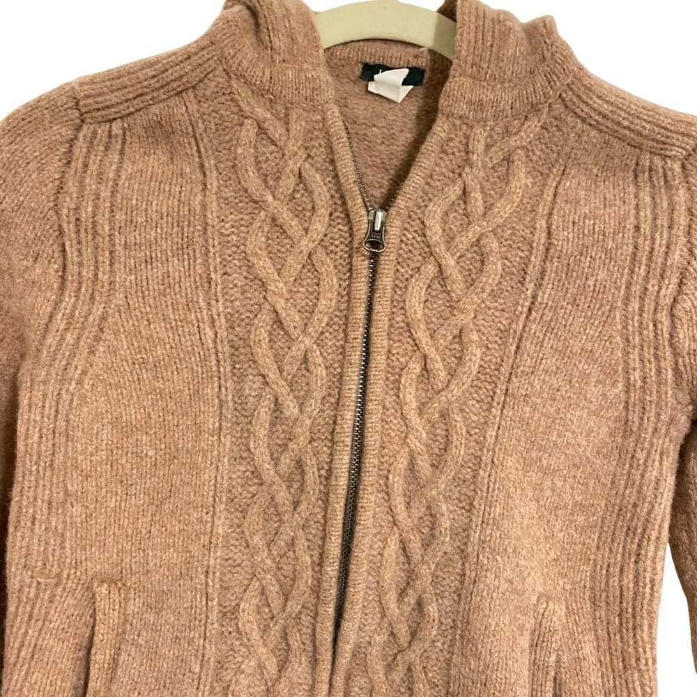 J. Crew Cabincore Cable Knit Hoodie Women Small Tan Brown Zip Front Wool Sweater